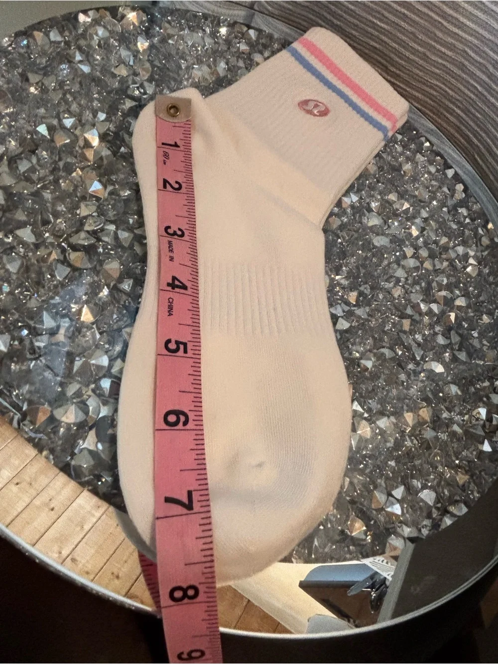 Lululemon White Crew Socks Pink & Blue Stripe Logo Athleisure One Size